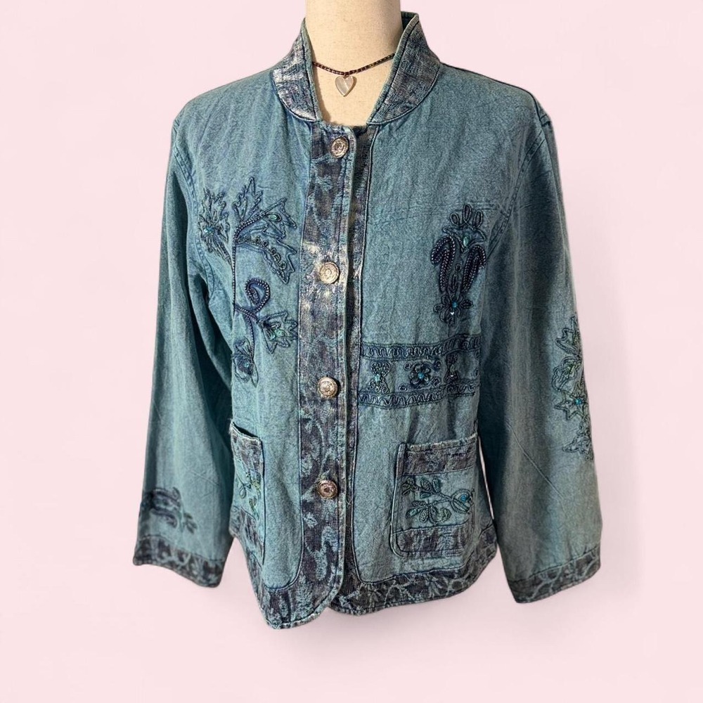 Flashback Vintage Denim Embroidered Beaded Boho Fairy Shacket Jacket Blue Large
